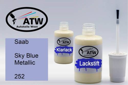 Saab, Sky Blue Metallic, 252: 20ml Lackstift + 20ml Klarlack - Set, von ATW Autoteile West.